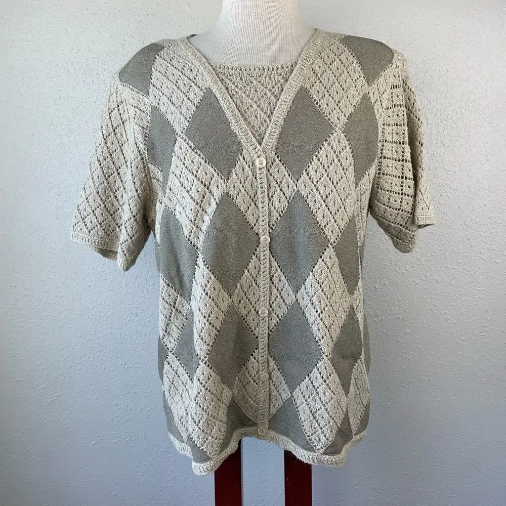 Alfred Dunner Faux Button Down Short Sleeve Sweater Top Size M EUC